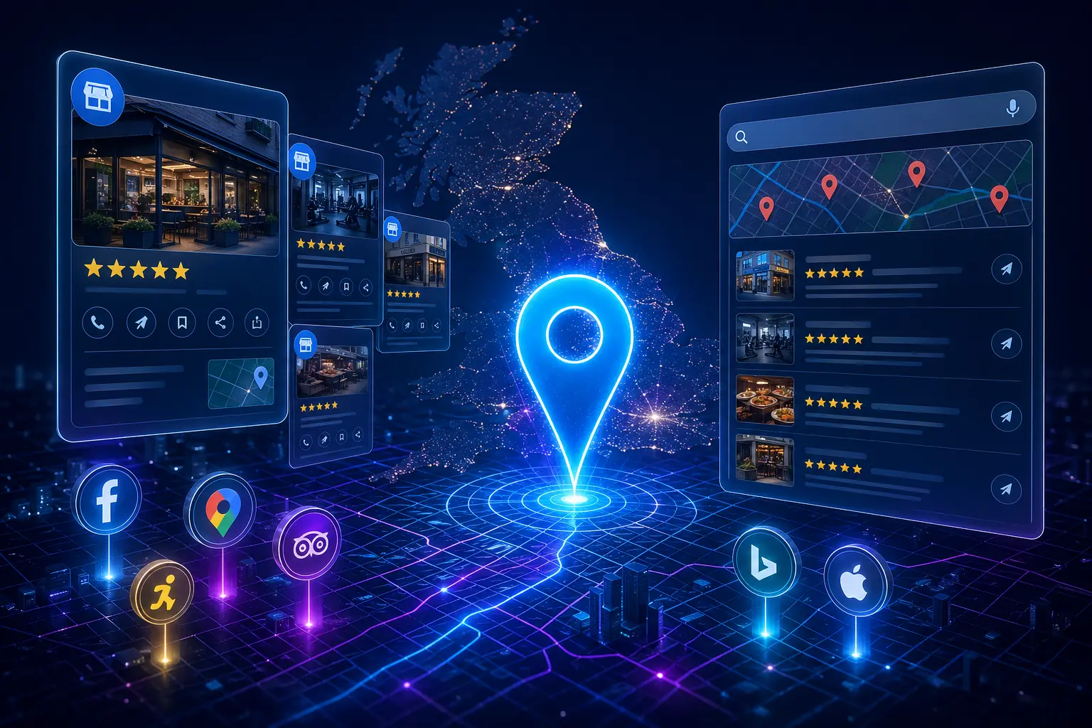 Google Business Profile cards and map pins representing local SEO for small businesses in 2026